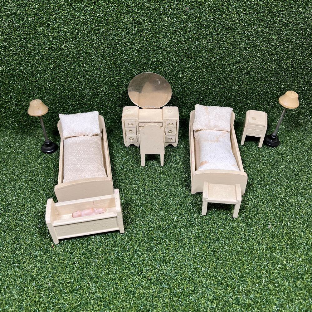 Vintage Miniature Wooden Dollhouse Bedroom Nursery Set Furniture